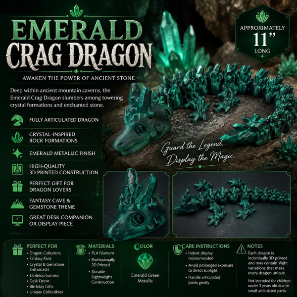 Emerald Crag Dragon Articulated Crystal Stone Dragon 3D Printed Fantasy
