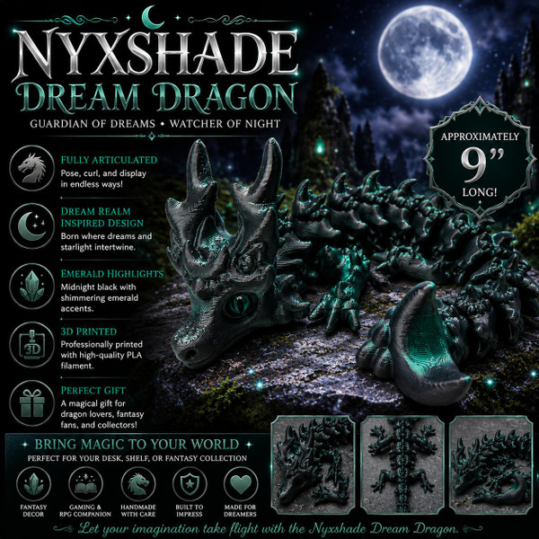 Nyxshade Dream Dragon Articulated Fantasy Emerald Black 3D Printed Dragon Collectible