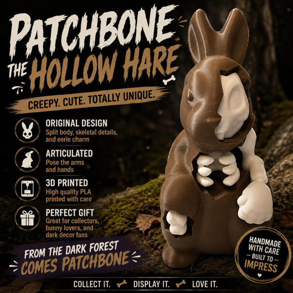 Patchbone Hollow Hare 3D Printed Creepy Cute Skeleton Rabbit Gothic Figure