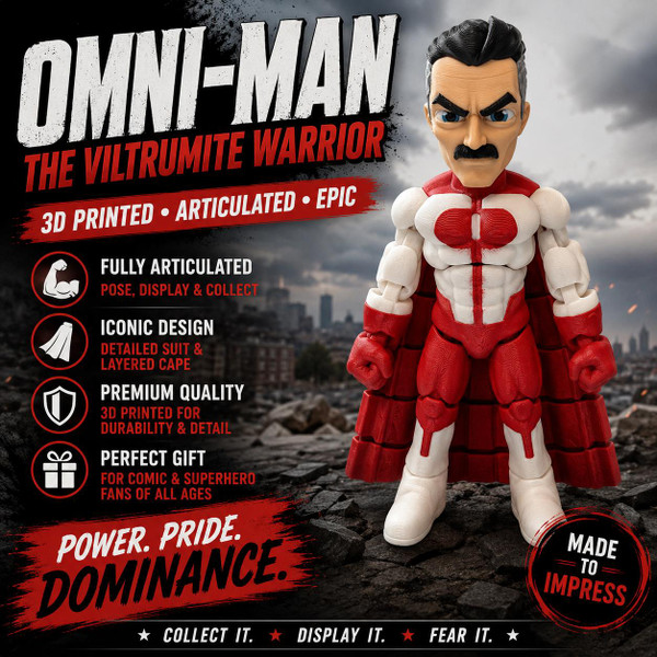 Omni-Man Inspired 3D Printed Articulated Viltrumite Warrior Figure Red Cape