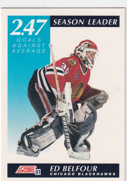 1991 SCORE #411 ED BELFOUR SEASON LEADER 2.47 GOALS- CHICAGO BLACKHAWKS