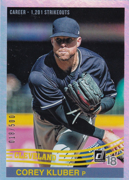 2018 DONRUSS #233 COREY KLUBER HOLO 18/500- CLEVELAND GUARDIANS