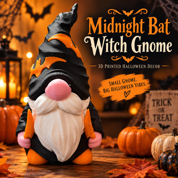 3D Printed Midnight Bat Witch Gnome Halloween Decor Black Orange Shelf Figurine