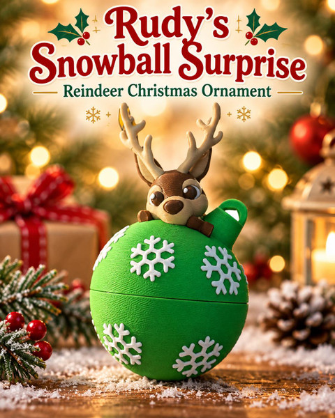 3D Printed Reindeer Christmas Ornament Green Snowflake Ball 2 Inch Holiday Decor