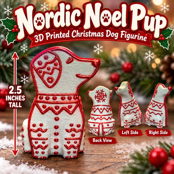 3D Printed Nordic Christmas Dog Figurine Red White Holiday Decor 2.5 Inch