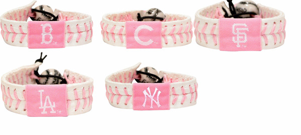 Official MLB Leather Baseball Seam Bracelet Pink Cancer Color Choose Your Team