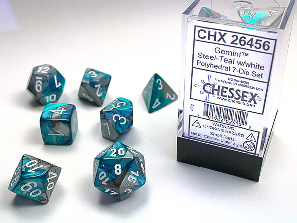 Chessex Gemini Steel-Teal White Polyhedral 7 Die Set