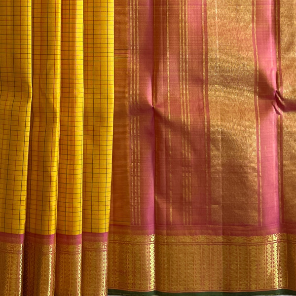 Yellow n Orange Checks Kanchipuram saree SAR00324