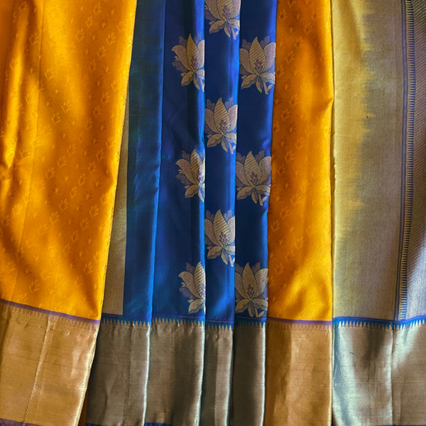 Yellow n Peacock blue Kanchipuram saree    SAR00338