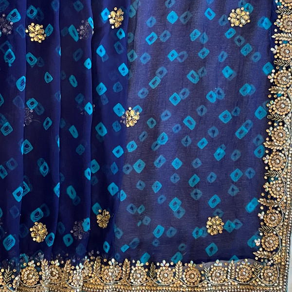 Navy Blue Bandhej with embroidery.    SAR00364