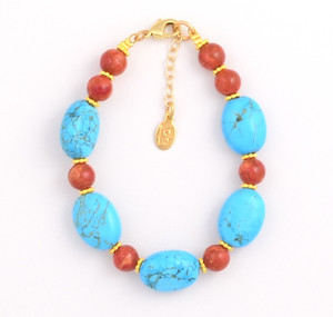 Oval Turquoise and Round Coral Bracelet