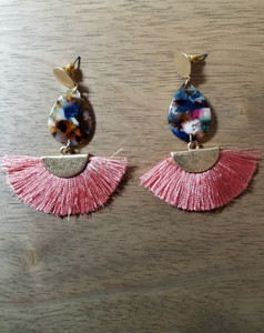 Pink Half Circle Multi-Color Teardrop Tassel Earrings