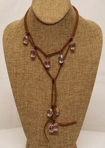 Pink Crystal Lariat Leather Necklace