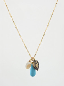 Turquoise-Pearl-Heart Charms Pendant Gold Chain Necklace