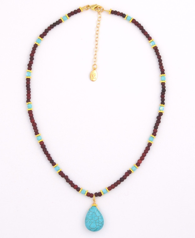Brown Wood Beads and Turquoise Czech Glass with Turquoise Pendant Necklace