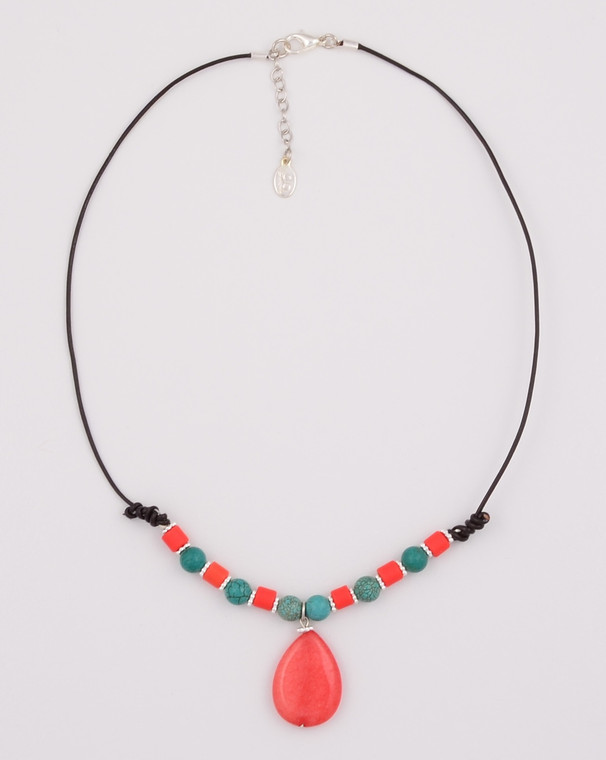 Turquoise and Coral with Pink Agate Drop Half Necklace