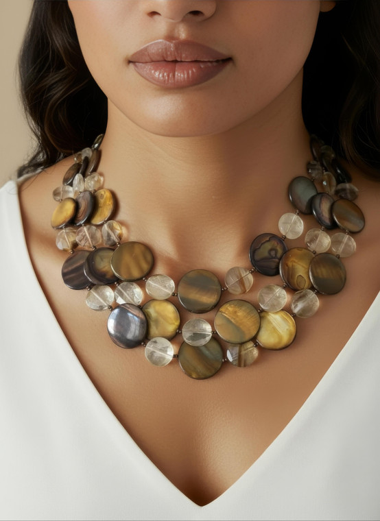 Triple Mother of Pearl and Brazilian Quartz Necklace