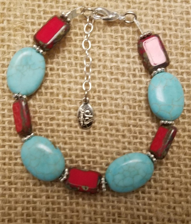 Turquoise and Red Czech Glass Bracelet