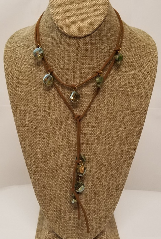 Green Crystal Lariat Leather Necklace