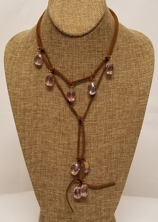 Pink Crystal Lariat Leather Necklace