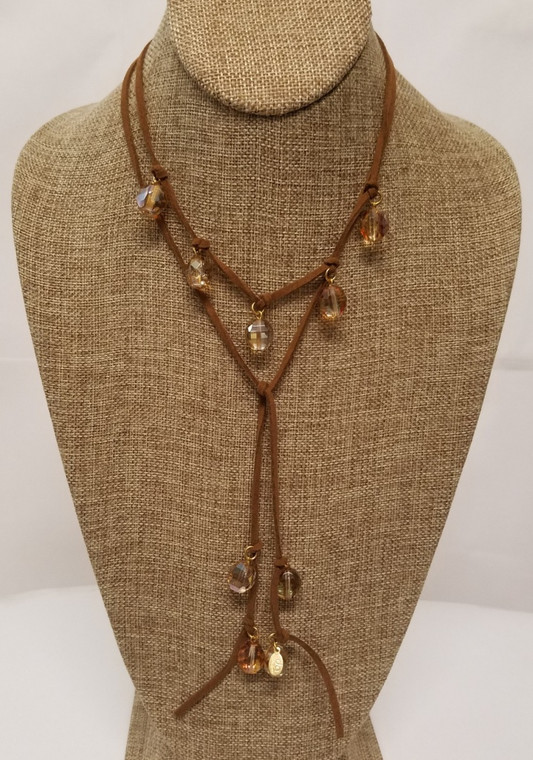 Light Brown Czech Glass Lariat Leather Necklace