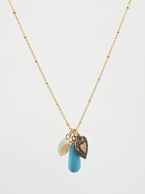 Turquoise-Pearl-Heart Charms Pendant Gold Chain Necklace