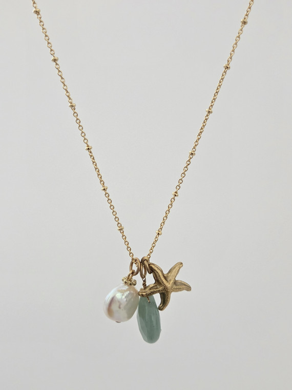Jade-Pearl-Starfish Charms Pendant Gold Chain Necklace