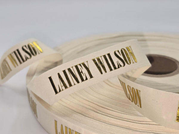 custom logo ribbon, custom logo cotton ribbon, eco friendly logo ribbon, foil print on cotton ribbon, natural cotton logo ribbon