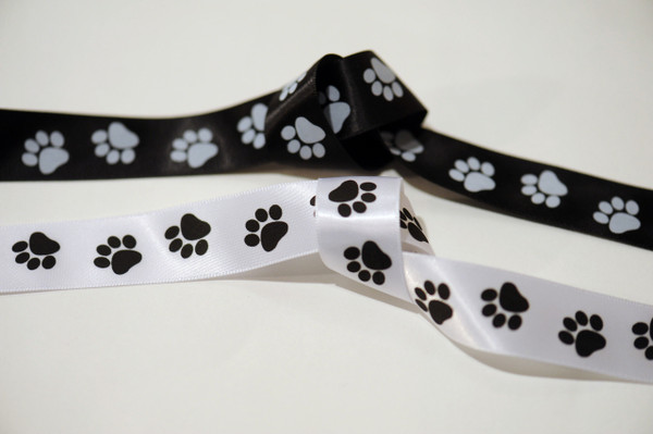 Black and White Paw Print 7/8" Satin Ribbon