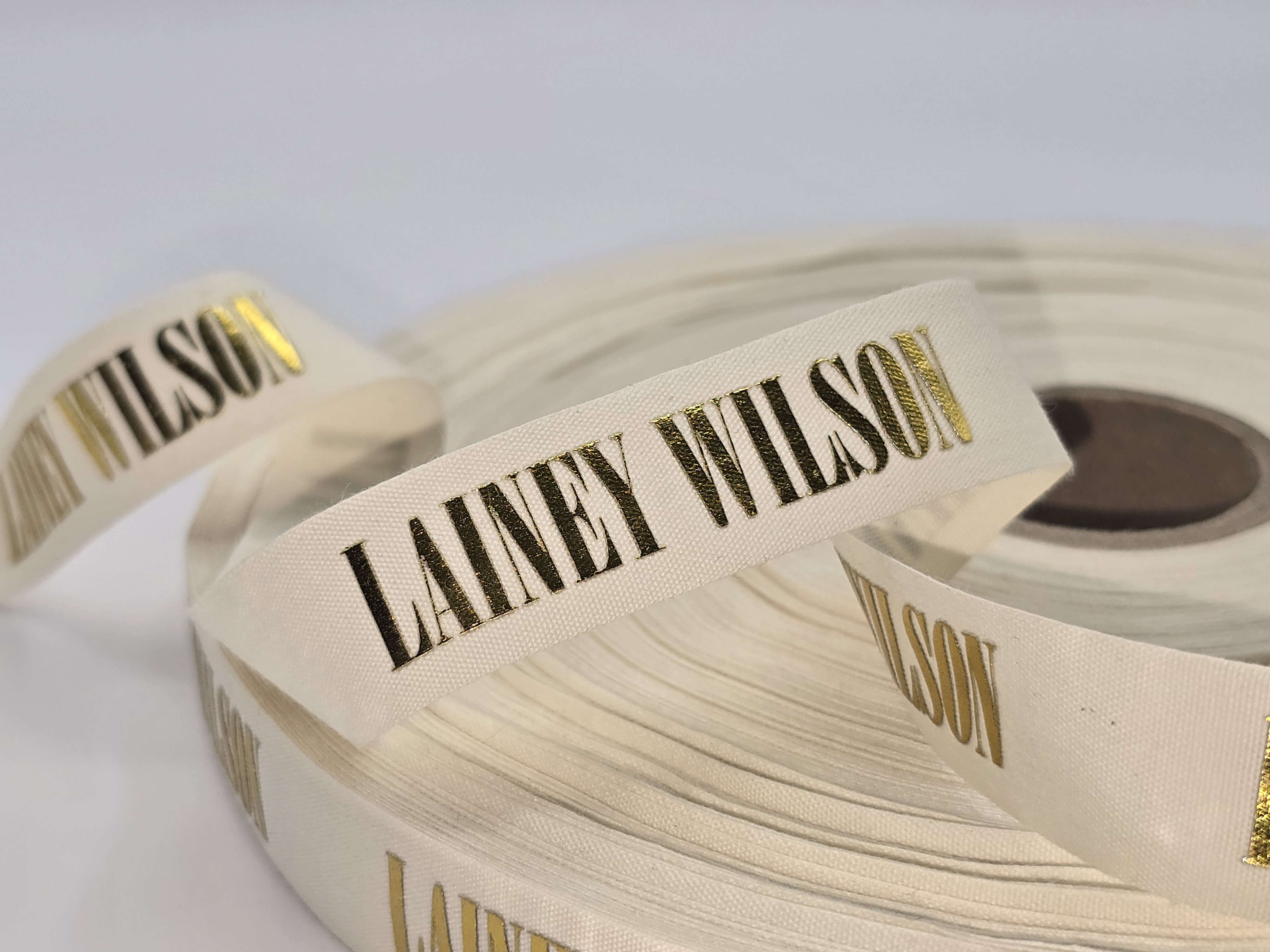 custom logo ribbon, custom logo cotton ribbon, eco friendly logo ribbon, foil print on cotton ribbon, natural cotton logo ribbon