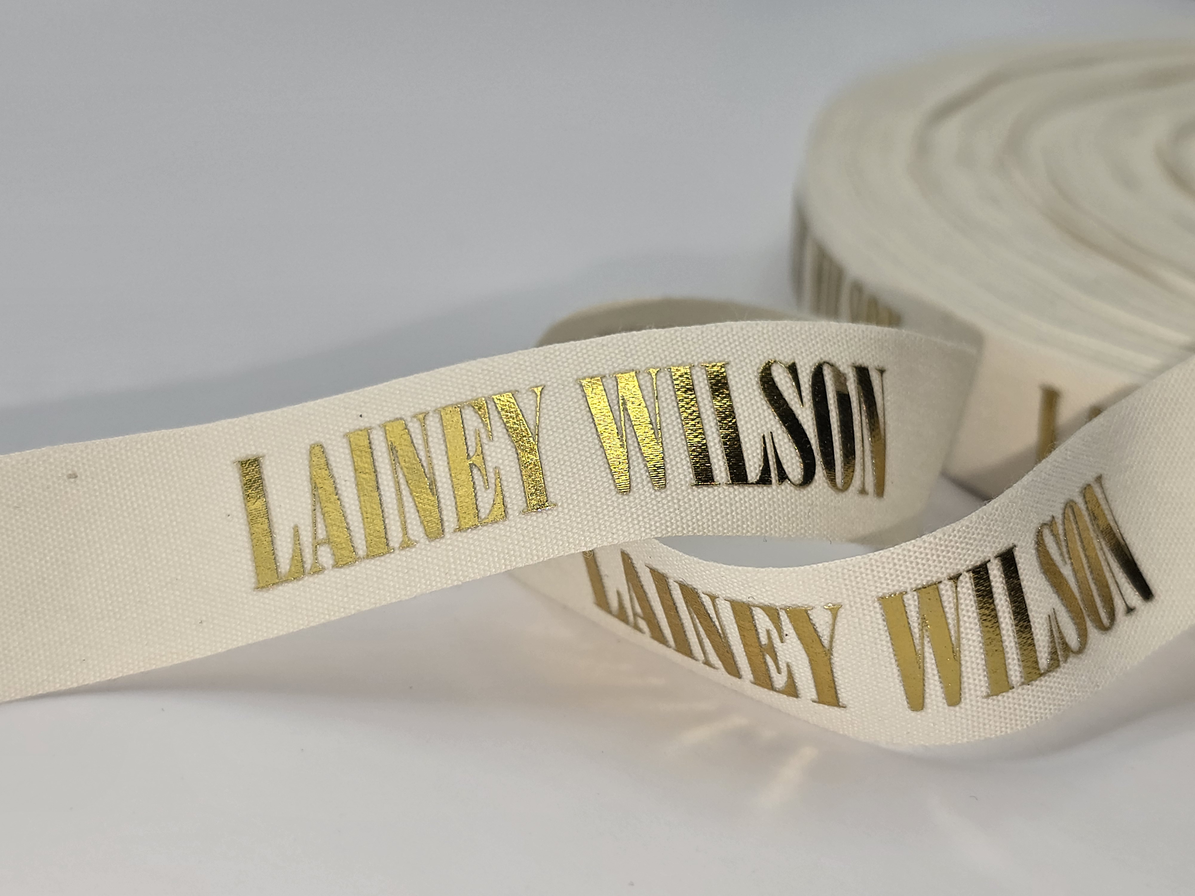 custom cotton ribbon, custom logo cotton ribbon, eco friendly logo ribbon, foil print on cotton ribbon, natural cotton logo ribbon