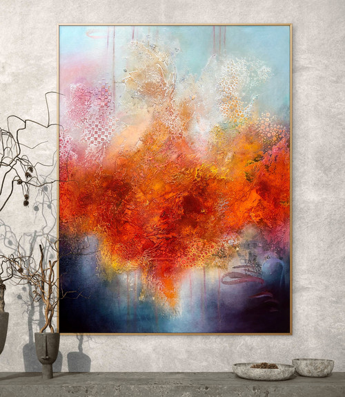 Original abstract orange and blue painting in modern minimalist living room decor
