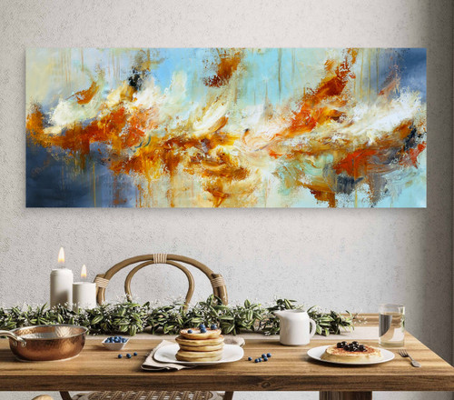 large panoramic abstract painting 24x60 gilded landscape - ochre orange and hazy blue 