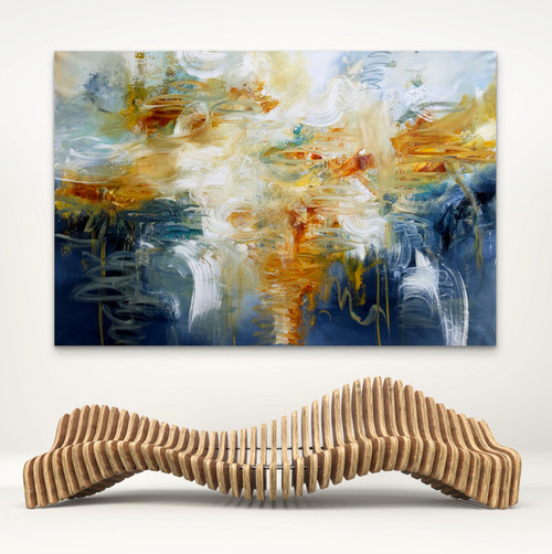 Abstract painting with expressive white and golden ochre swirling brushstrokes over deep navy blue, soft beige and pale sky blue with layered circular gestures