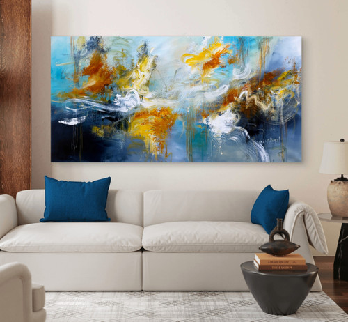 Horizontal abstract painting by Andrada Anghel with dynamic, flowing movement. Warm bursts of golden yellow, ochre and burnt orange swirl across a luminous background of turquoise, soft sky blue and deep navy blue in the lower corners. 