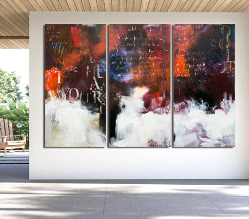 The Birth of a Poem large red triptych abstract painting 48x72 full front view three panels by Andrada Anghel