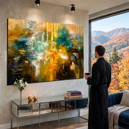Large abstract seascape painting 60x40 in warm amber honey gold and deep teal blue - The Light the Ocean Keeps original acrylic painting in modern living room in cottage.