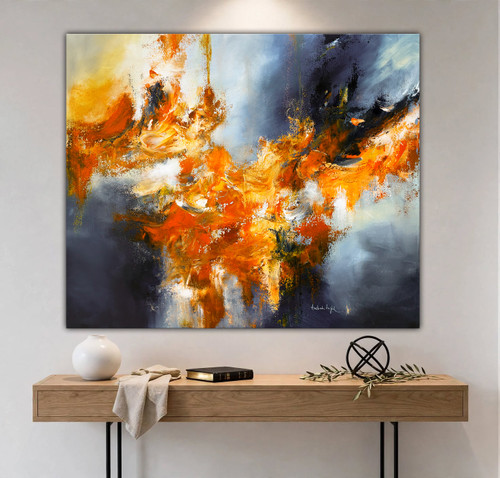 Autumn on Fire - 48W x 40H abstract painting in modern office entryway with minimalist decor. Smooth burnt orange and charcoal gray painting brings energy to clean white walls and light wood console - original abstract for office
