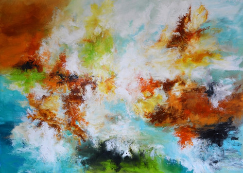 large abstract painting 40x60 Head in the Clouds - red orange blue green multicolor full view original