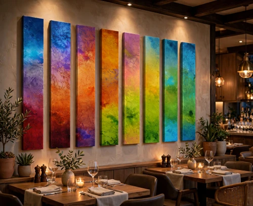 Stripes No.5 custom original rainbow painting examples in different configurations - turquoise yellow orange red textured vertical panels made in Quebec Montreal