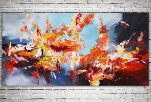 large abstract painting 30x60 Mood - red and blue energetic abstract full view bold vibrant original ready to hang