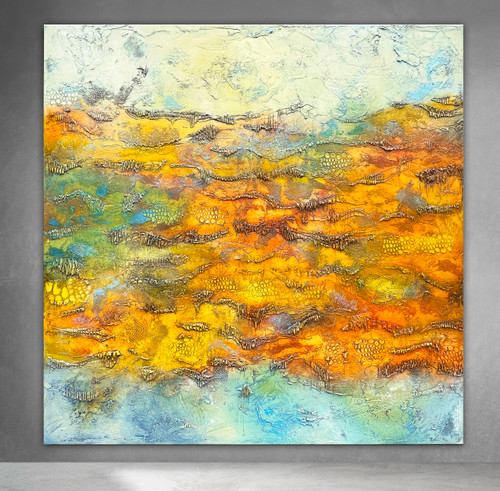 textured painting with dark orange tones, tans, teal, blues and ochres.