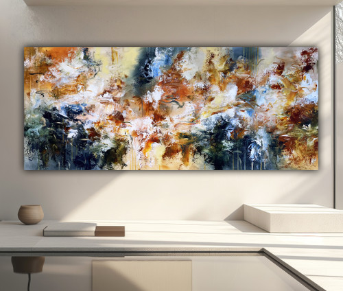 79 inch wide extra large abstract painting above large sofa - The Ultimate Exploration earth tones living room styling 7ft wide