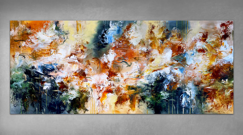 extra large abstract painting 32x79 The Ultimate Exploration - earth tones rust orange beige blue full front view panoramic