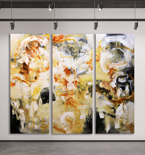 large triptych abstract painting 60x72 Haikus that Leave you Breathless - three panel earth tones brown ochre full front view original