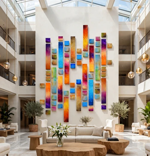 Blocks of Colors installed in luxury hotel lobby with flat off-white smooth wall, natural oak wood coffee tables, transparent glass vase with white lilies, marble floors. Monumental colorful art for hotel atrium, hospitality interior design, made in Quebec. This is an original painting not a print.