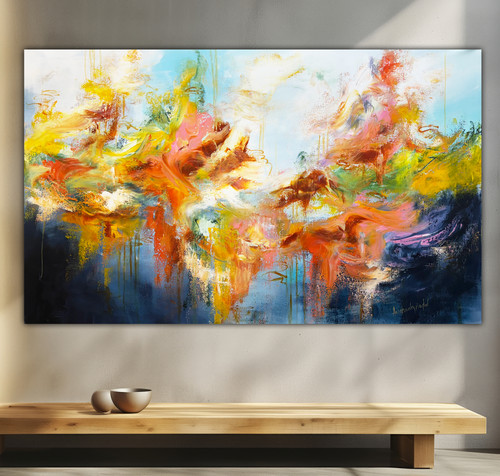 Fury and Bloom - large vibrant abstract painting with yellow, orange, pink and navy blue - energetic textured floral art by Montreal artist Andrada Anghel