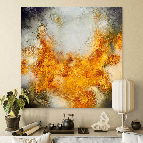 large textured square abstract painting 36x36 Where the Warmth Settles - orange grey heavily textured full front view original