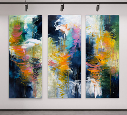 large abstract triptych 60x72 ocean inspired - Luminous Ascension full view 3 panels navy teal gold