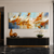 Warm abstract painting in burnt orange, ochre gold and creamy white with soft sky blue and slate gray background and expressive brushwork.